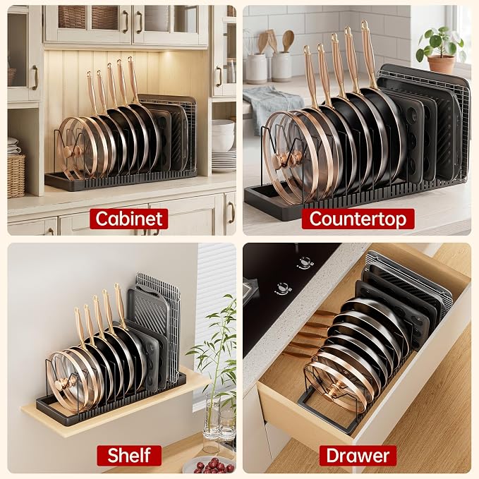 ORDORA Expandable Pot Lid Organizer, Solid Metal Under‑Cabinet Pots and Pan Storage Rack 14.1''‑24.8'', Fits Bakeware & Cookie Sheets with 14 Adjustable Dividers