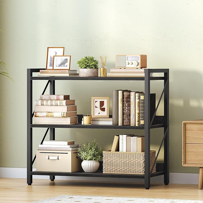 HOOBRO Bookshelf, 3-Tier Industrial Bookcase, Book Shelf Storage Organizer, Bookshelf with Metal Frame for Living Room, Bedroom, Home Office, Kitchen, Black BB718SJ01