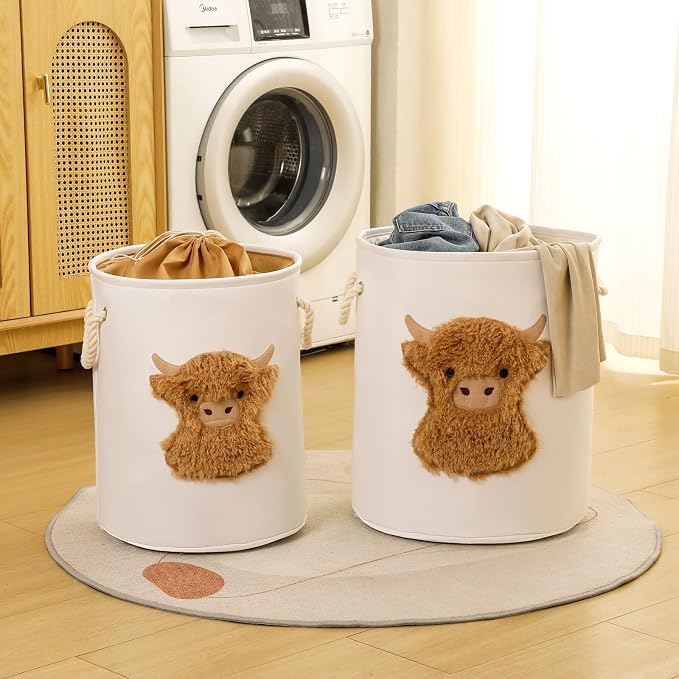 Kids Laundry Basket Nursery Hamper Baby Laundry Basket Stuffed Animal Toys Storage Baskets for Toddler Room Decor, Dirty Clothes Hampers with Drawstring Closure for Bedroom/Living Room, Highland Cow