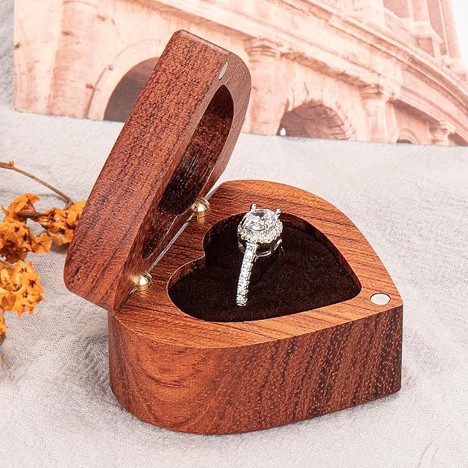 Engagement Proposal Ring Box Secret Slim Rose Wooden Heart Case | Rose Wood Ring Bearer Box Jewelry Storage Holder Display for Wedding Ceremony Commemoration