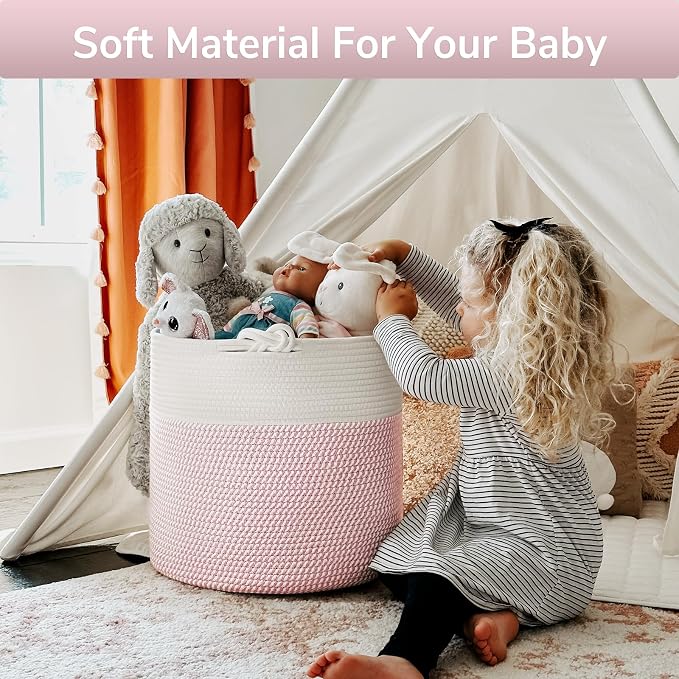 Goodpick Baby Storage Basket, Pink Laundry Basket 15 x 14.2 Inches, Toy Basket for Clothes, Nursery Basket for Toys, Soft Woven Basket for Storage, Pink