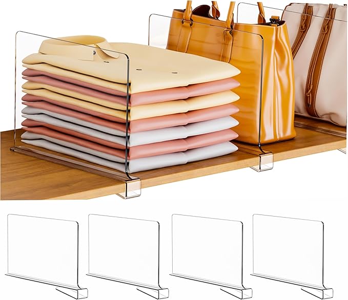 Clear Acrylic Shelf Dividers for Closet Organization - 4 Pack Closet Shelf Divider for Sweatshirt,Towel,Bag,Purse,Clothing,Sweater Organizer,Plastic Dividers and Separators for Shelves and Bedroom