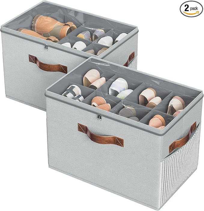 Budding Joy 2 Pack Shoe Organizer for Closet, Clear Foldable Shoe Storage Containers Adjustable Dividers Fits 16 Pairs,Shoe Storage Bins Baskets Boxes with Reinforced Handles Light grey