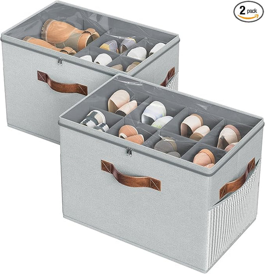 Budding Joy 2 Pack Shoe Organizer for Closet, Clear Foldable Shoe Storage Containers Adjustable Dividers Fits 16 Pairs,Shoe Storage Bins Baskets Boxes with Reinforced Handles Light grey