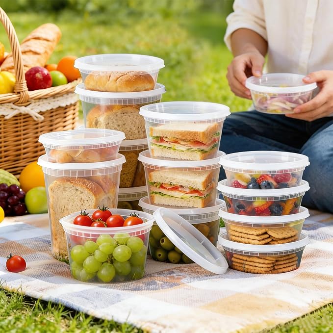 BYSNOW 60 Sets Deli Containers with Lids, 32/16/8 oz X 20 Set Each, Leak-Proof & BPA Free Airtight Stackable Takeout Plastic Food Storage Containers, Freezer/Microwave/Dishwasher Safe