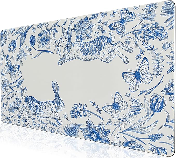 L-SPOUTTO Blue Floral Desk Mat for Keyboard and Mouse,XXL Gaming Mouse Pad | Large 35.4x15.7in Non-Slip Rubber Base Keyboard Pad ,Waterproof Desktop Mat for Laptop Computer Work Home Office