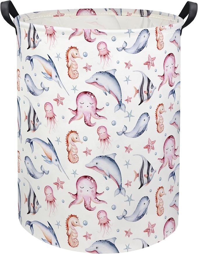 Baby Laundry Basket Baby Hamper for Nursery Girl Kids Ocean Hamper Cute Kids Toys Storage Bin Organizer Pink Room Decor for Home(Pink Ocean)