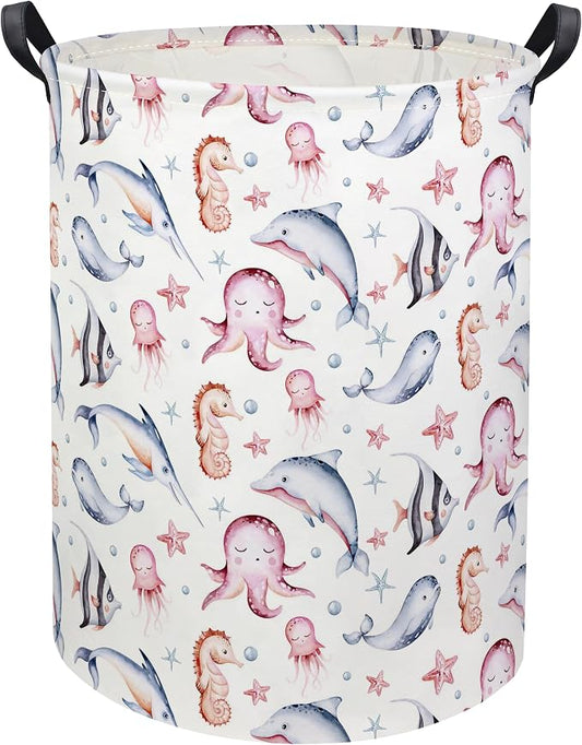Baby Laundry Basket Baby Hamper for Nursery Girl Kids Ocean Hamper Cute Kids Toys Storage Bin Organizer Pink Room Decor for Home(Pink Ocean)