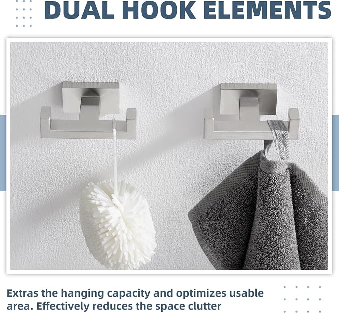 APLusee Double Bath Towel Hook 2 Pack, 304 Stainless Steel Square Dual Coat Holder, Modern Bathroom Kitchen Storage Hanger Wall Mounted, Brushed Nickel
