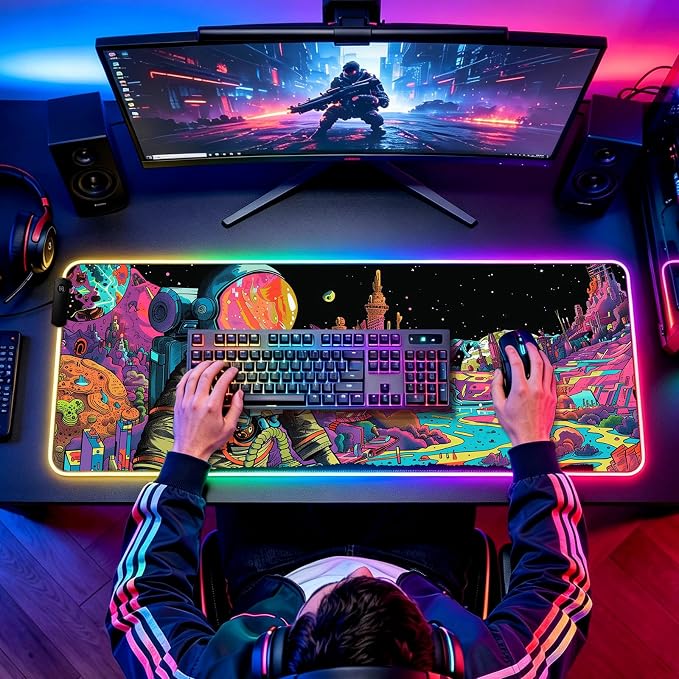 RGB Fantasy Planet Space Gaming Desk Mat, Computer Keyboard Large Extended Astronaut LED Mouse Pad for Office and Home, 31.5×11.8 Inches, XL
