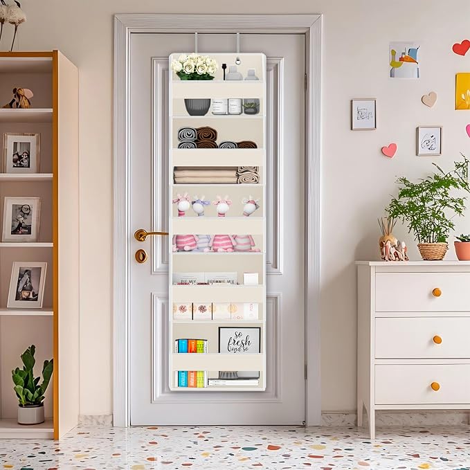 Over Door Organizer with 5 Large Pockets & 10 Mesh Side Compartments - Behind The Door Storage for Bathroom, Bedroom, Closet, Pantry, RV & Nursery - Baby Room Organizer Solution - Beige