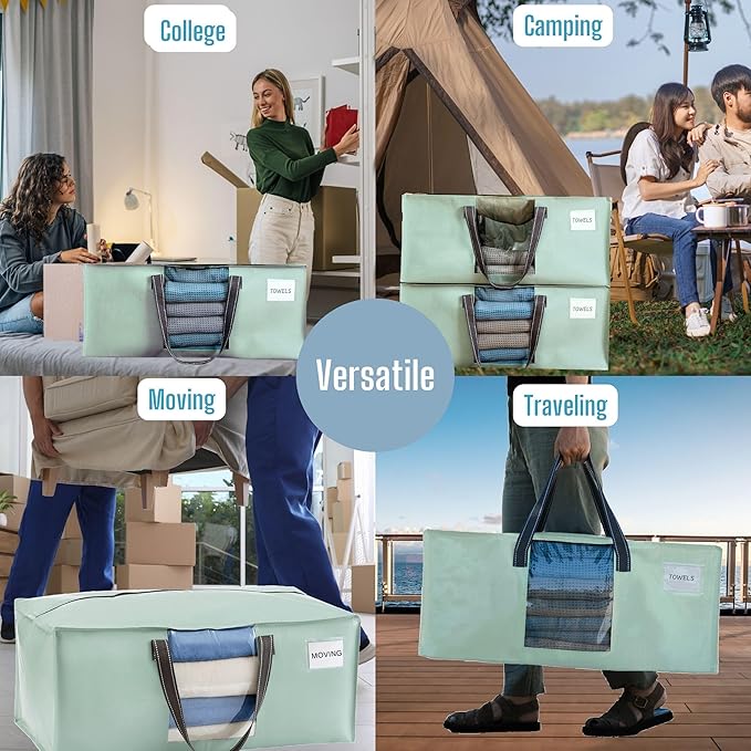 VENO 8 Pack Heavy Duty Moving Bags, Packing Bags with Clear Window, Alternative to Moving Boxes, Storage Bins for Clothes, Blankets, Comforters, College Dorm Essentials (Shiny Light Green, 8 Pack)