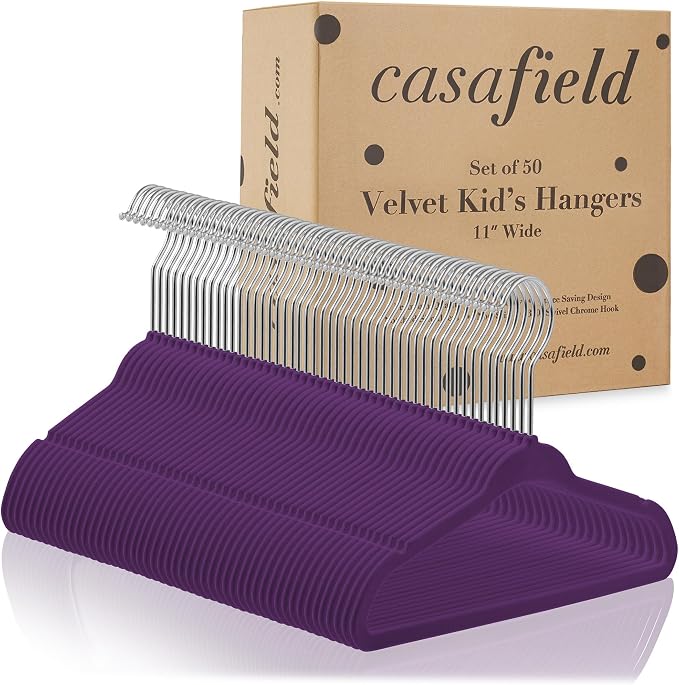 Casafield 50 Velvet Baby Hangers - 11" Size for Infant & Toddler Clothes - Purple