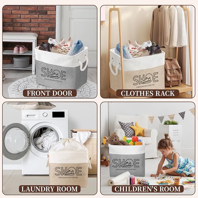 Shoe Basket Organizer, Large Capacity Fabric Entryway Shoe Storage Bin with Handle, Flodable Space-Saving Shoe Basket for Entryway, Hallway, Entryway and Mudroom