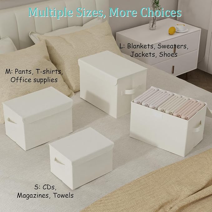 Storage Bins with Lids for Organizing, 4 Pack, Beige, 15x9.8x9.8 In | Closet Boxes with 2 Carrying Handles and Sturdy Heavy PP-board, Home Organizers Cubes for Clothes, Towels, Blanket