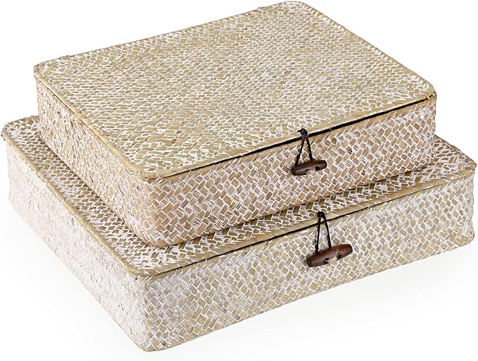 Hipiwe Set of 2 Flat Woven Wicker Storage Bins with Lid Natural Seagrass Basket Boxes Multipurpose Home Organizer Bins Boxes for Shelf Organizer (Whitewash)