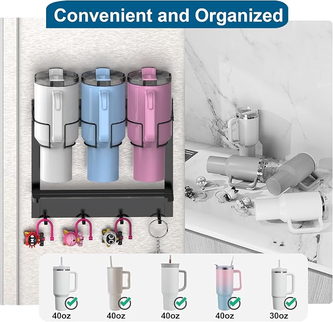 EASTTOWEST Magnetic Cup Storage Organizer Holder for Stanley 30/40 oz Tumbler,Strong Magnetic Rack for Fridge(Black, 3CUPS)