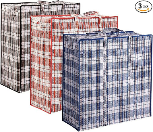 3 Pack 158L Extra Large Moving Bags with Zippers & Carrying Handles, Heavy-Duty Tote Storage Bags Closet Organizers Laundry Bag, Plaid Bag for Traveling, 27.5" x 11.8" x 29.5", Red/Black/Blue