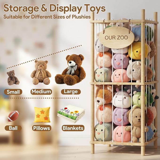 Brelley Stuffed Animal Storage Wood Toy Storage Organizer | Montessori Educational Materials Toy Chest Stuffed animal holder for Kids Nursery Playroom Bedroom