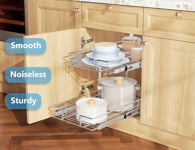 LOVMOR Individual Pull Out Cabinet Organizer, 2 Tier Slide Out Cabinet Drawers, Pots and Pans Organizer and Storage Pantry Shelf for Kitchen (12½" W x 21½" D)