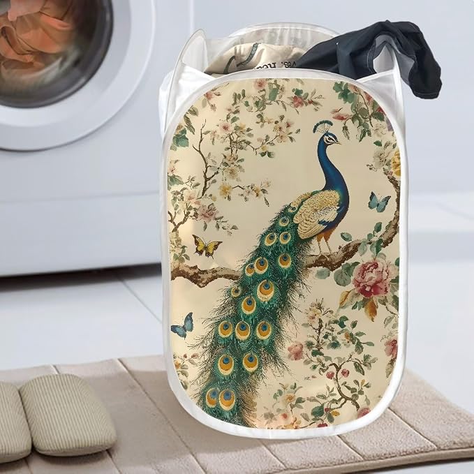 AFPANQZ Pop-Up Laundry Hamper with Side Pocket Mesh Fabric Collapsible Design for Clothes, Peacock Branch Laundry Home Organization Foldable Nursery Hampers Colored 61L