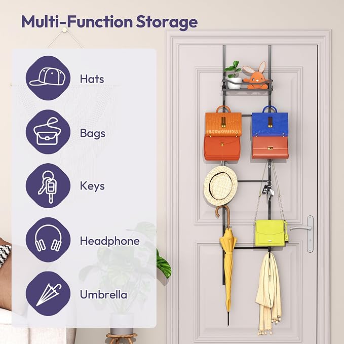 SWTYMIKI Over The Door Purse Organizer - Wall Mounted Purse Rack with 16 Hooks and Metal Basket, Handbag Hanger Organizer Holds up to 16 Bags, Bag Rack Can Use As 1/2 Part, for Door, Closet