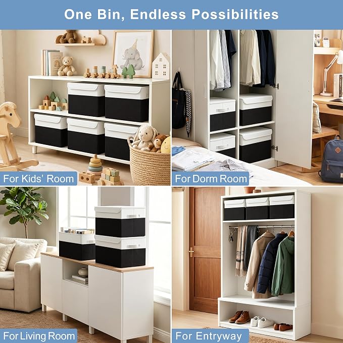 Bagnizer Large 22 Quart Linen Fabric Foldable Storage Bin Cube Organizer Basket with Flip-Top Lid & Handles, Clothes Blanket Box for Home, Office, Closet, Black & White, 4 Pack 14.6 x 9.5 x 9.5