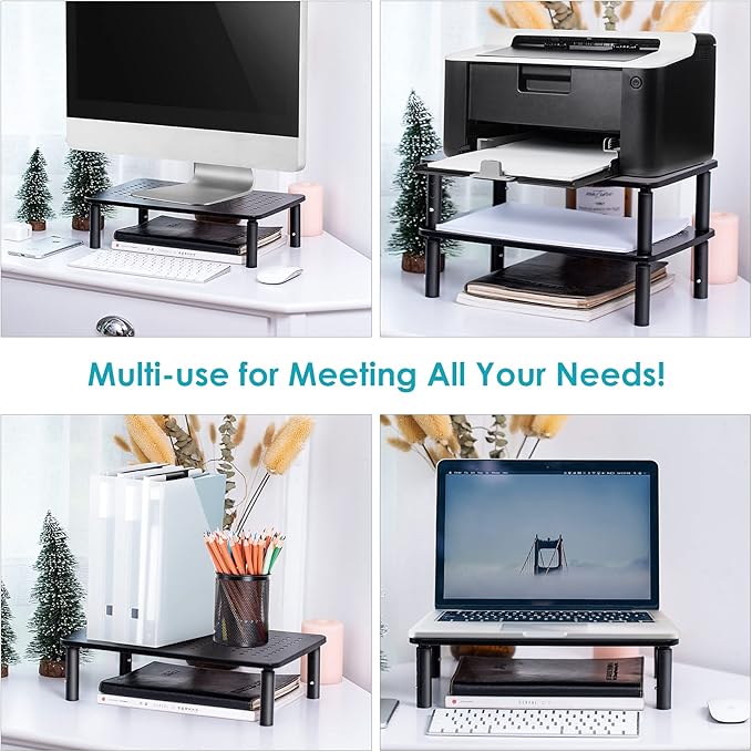 LOTEYIKE TV/Monitor Riser Desktop Stand, Flat Screen, Sturdy Metal Laptop Computer Shelf for Printer, iMac, 3 Height Adjustable PC with Mesh Platform , 2 Pack