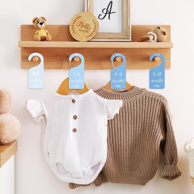 Whaline 7 Pcs Blue Wood Baby Closet Size Dividers with Velvet Bag Newborn to 24 Month Thicken Infant Wardrobe Hanger Organizers for Home Nursery Party Favors Supplies