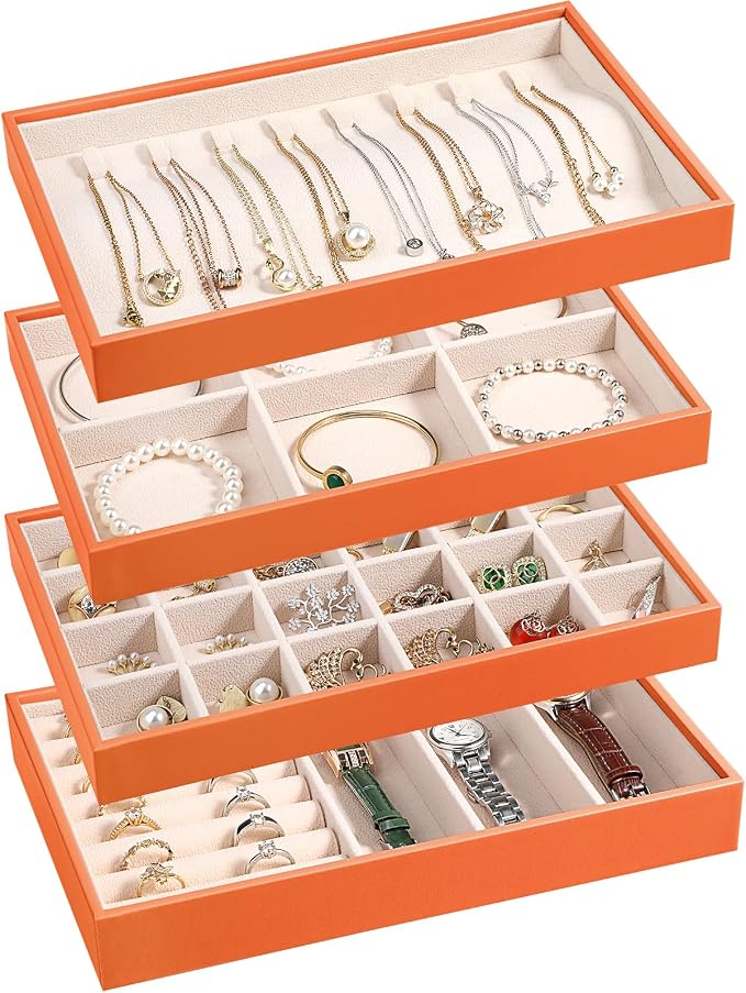 LANDICI Stackable Jewelry Organizer Trays 4 Set,PU Leather Jewelry Organizer Drawer,Jewelry Storage Display Tray for Earring Necklace Rings Bracelet with Removable Dividers,Orange