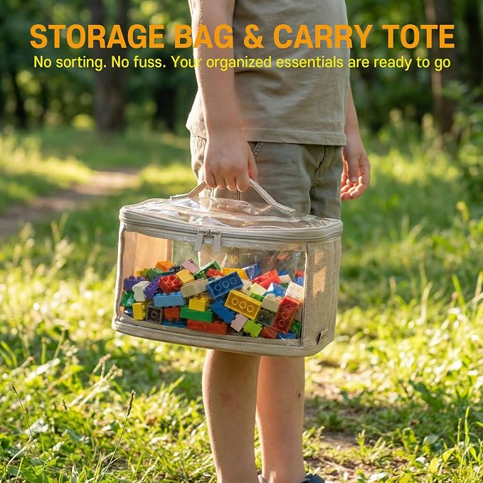 holay Clear Toy Storage Bags with Handle, 4 Pack Playroom Storage Organizer Bins for Kids Toys, Board Games, Busy Bags, and Homeschool Supplies - Transparent PVC with Reinforced Base, Brown, Small
