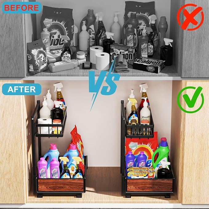 Cadrim Under Sink Organizer 2 pack, Pull Out Cabinet Organizer Shelf 15.75 * 13.78 * 10.3 inch，Organizers and Storage with Sliding Drawer, Under Sink Storage for Kitchen Bathroom Cabinet