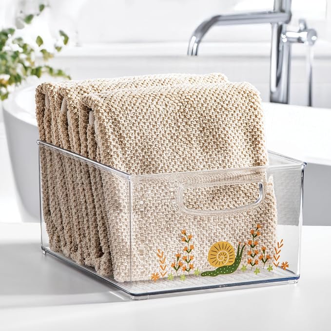iDesign Bathroom Organizer Bin with Decorative Print - Stackable Plastic Storage Basket for Makeup & Vanity Organization - Clear