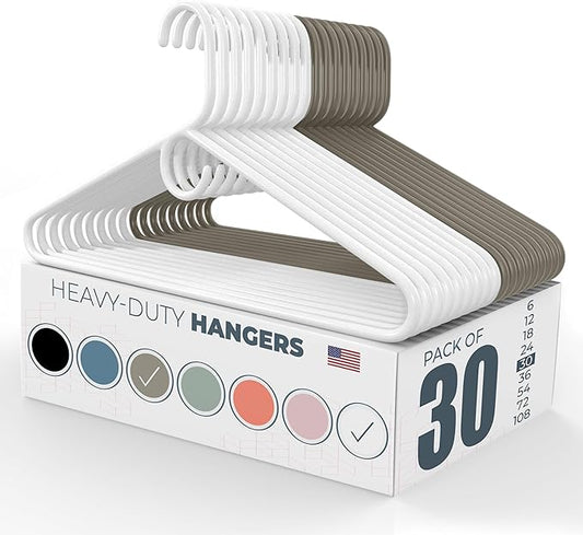 Heavy Duty Clothes Hangers 30 Pack – Made in the USA – 8lb Capacity Plastic Hangers for Adult Clothing – Durable for Pants, Coats, Jackets, or Jeans – White & Gray