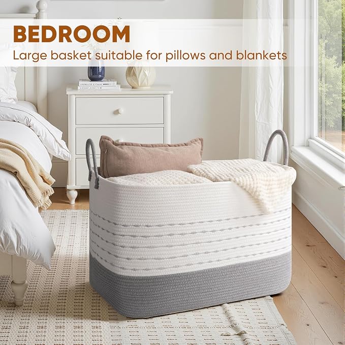 OIASKET XXL Large Blanket Basket for Living Room, 108L Woven Storage Baskets for Organizing, Rectangle Cotton Rope Basket Toy Chest With Handles-Grey & White
