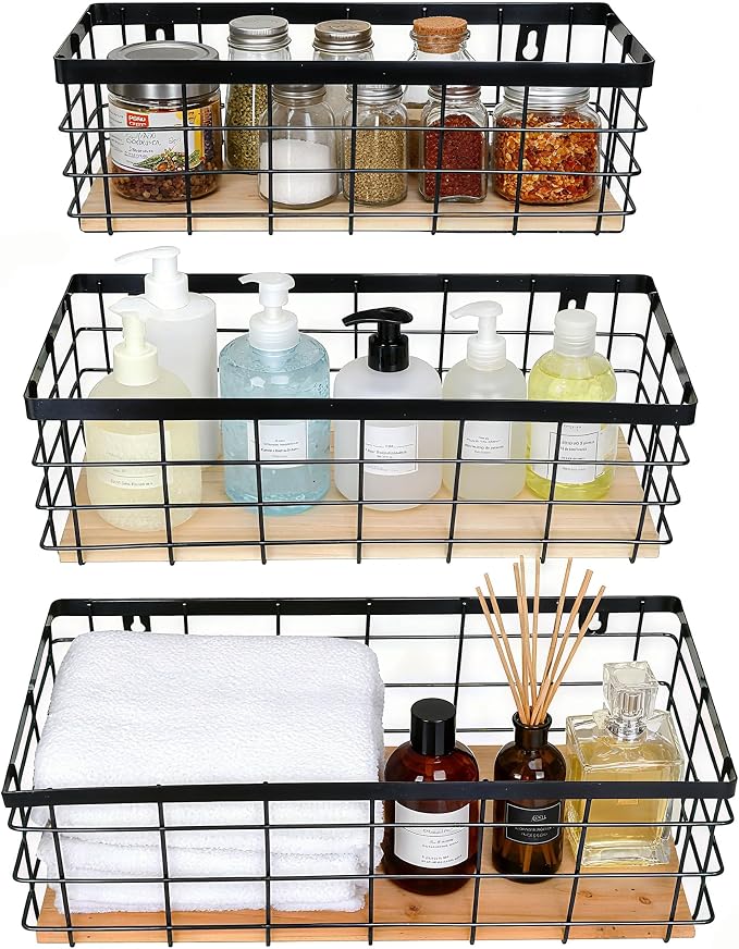 ShabbyDecor Metal Wire Basket for Kitchen Cabinets,Pantry,Bathroom,Set of 3 | Metal Storage Organizer with detachable Wood Base, Farmhouse Hanging Basket