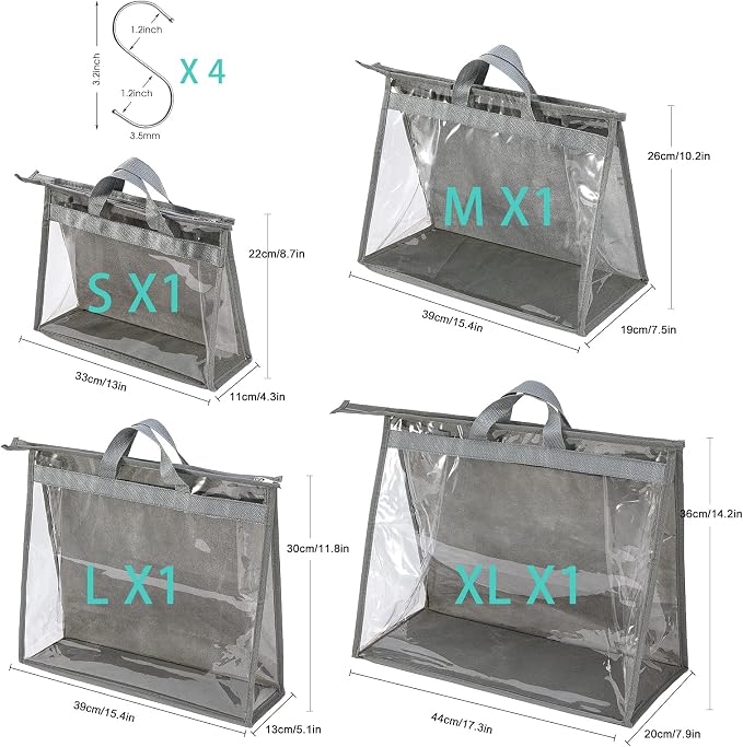 4 Pack Handbag Dust Bags Clear Purse Storage Organizer for Closet, Zipper Hanging Storage Bag for Handbags, Grey