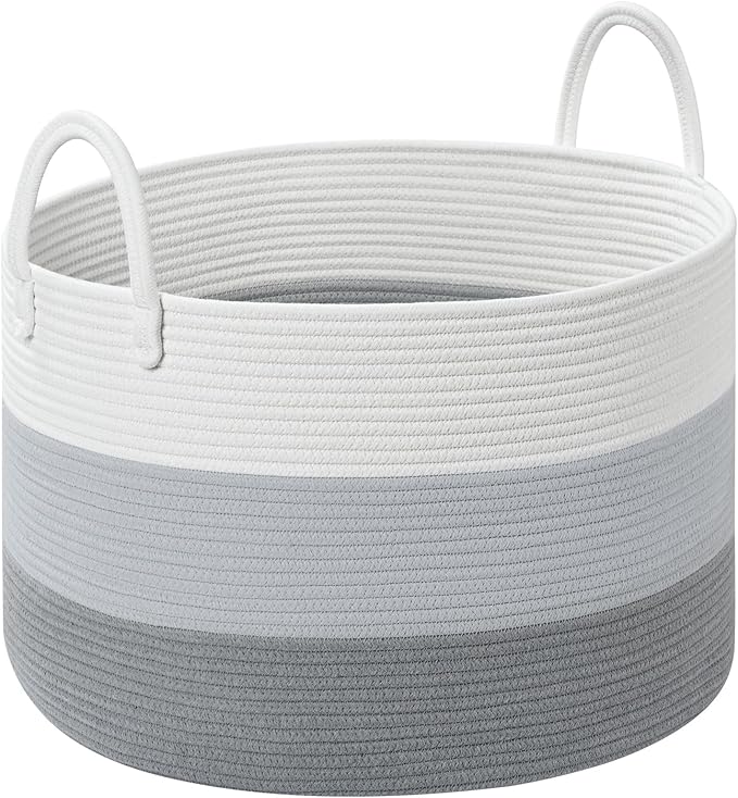 67L Large Woven Blanket Basket, Cotton Rope Baby Laundry Hamper with Handles, Kids Toy Basket for Classroom & Nursery, Soft Round Stuffed Animal Storage, Dog Toy Bin - 20"x13", Gray