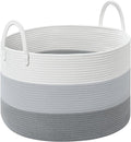 67L Large Woven Blanket Basket, Cotton Rope Baby Laundry Hamper with Handles, Kids Toy Basket for Classroom & Nursery, Soft Round Stuffed Animal Storage, Dog Toy Bin - 20"x13", Gray