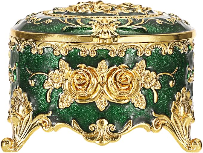 Hipiwe Vintage Jewelry Box Small Trinket Storage Organizer Box Gold Metal Chest Ring Case Treasure Chest Round Keepsake Boxes for Earrings Necklace Gift for Women,Green