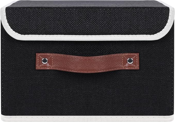 ANMINY Storage Bin with Lid Storage Boxes with PU Leather Handles PP Plastic Board Decorative Foldable Lidded Cotton Linen Fabric Home Cubes Baskets Closet Organizer Container - Black, Medium