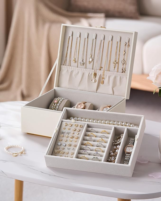 pickpiff 2 Layer Jewelry Box Organizer for Women, Jewelry Organizer with Handle & Removable Tray, Necklace Holder Ring Earring Storage, Velvet Lined Jewelry Case for Home or Travel, Gift Ready, Beige