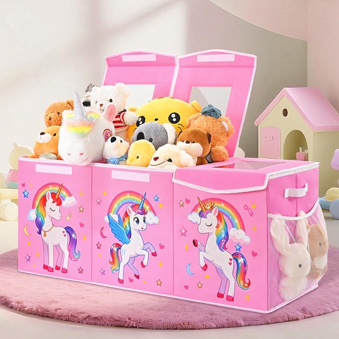 Livole 145L Toy Box, Collapsible Kids Toy Chest Bins with Lids Sturdy Large Toy Storage Organizer Boxes for Girls Nursery Room Playroom Closet, 40"X16"X14", Pink