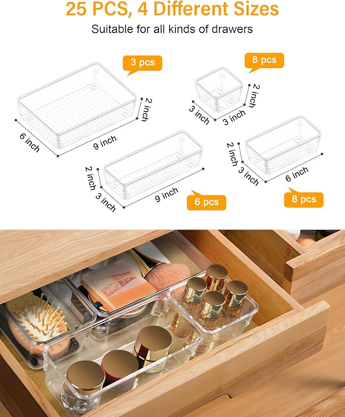 25 PCS Clear Plastic Drawer Organizers and Dividers, 4 Sizes Stackable Drawer Storage Bins and Organizer Trays for Bathroom, Kitchen, Office, Makeup, Vanity, Utensils, and Crafts