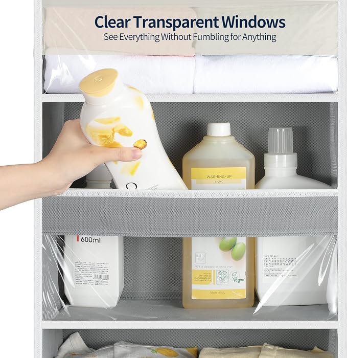 Yecaye Over the Door Organizer 5 Tiers, Heavy Duty Hanging Storage with 5 Large Clear PVC Pockets and 10 Side Pockets, 56lbs Capacity for Closet Door Bathroom Bedroom Nursery Dorm Laundry Room, Grey