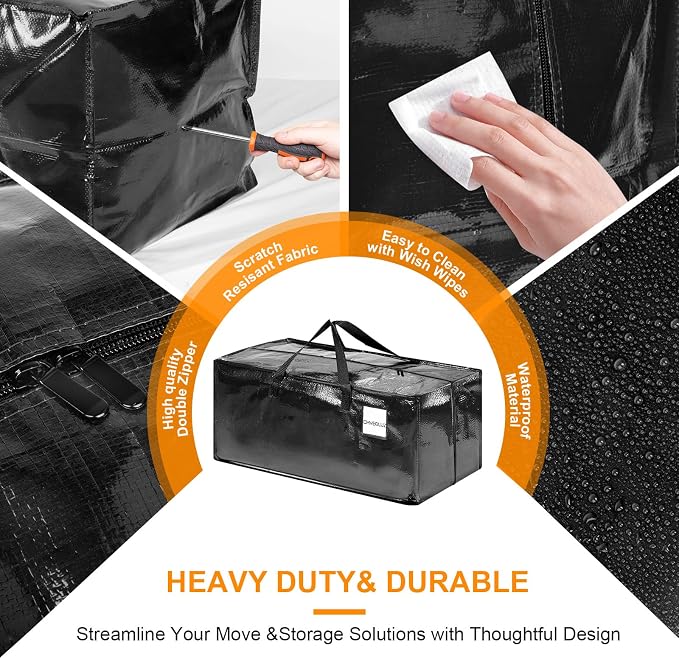 CHVEGLUZ 2 Packs Moving Bags Heavy Duty Extra Large,Storage Bags with Zipper&Handles, Sturdy&Durable Clothes Storage Bags Totes for College Dorm Essentials, Moving Boxes for College Supplies, Black
