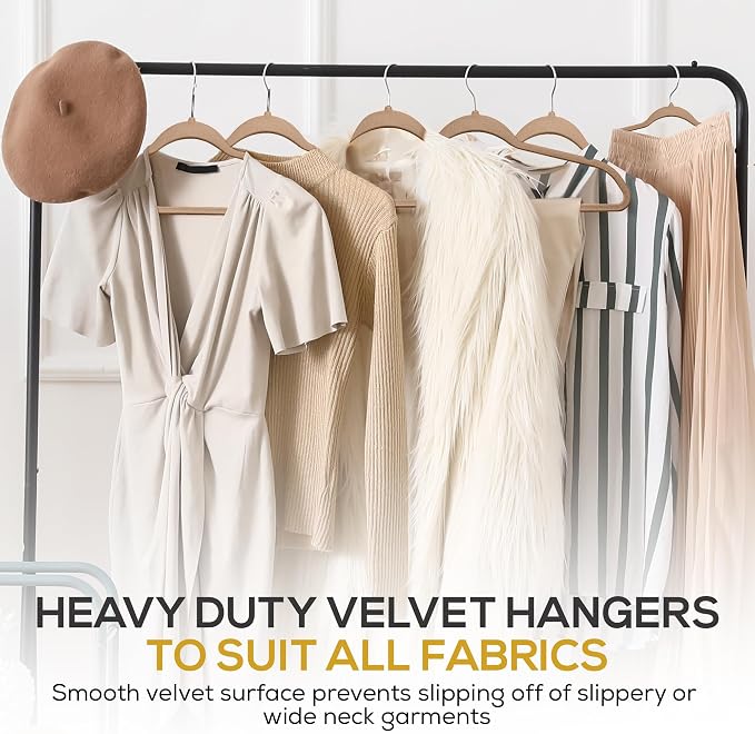 Techzoo 50 Pack New Premium Quality Velvet Hangers Ultra Thin Non Slip Adult Felt Space Saving Hangers for Closet Heavy Duty Coat Pants Dress Hangers 360° Swivel Hook Hold Upto 10 lbs Warm Taupe