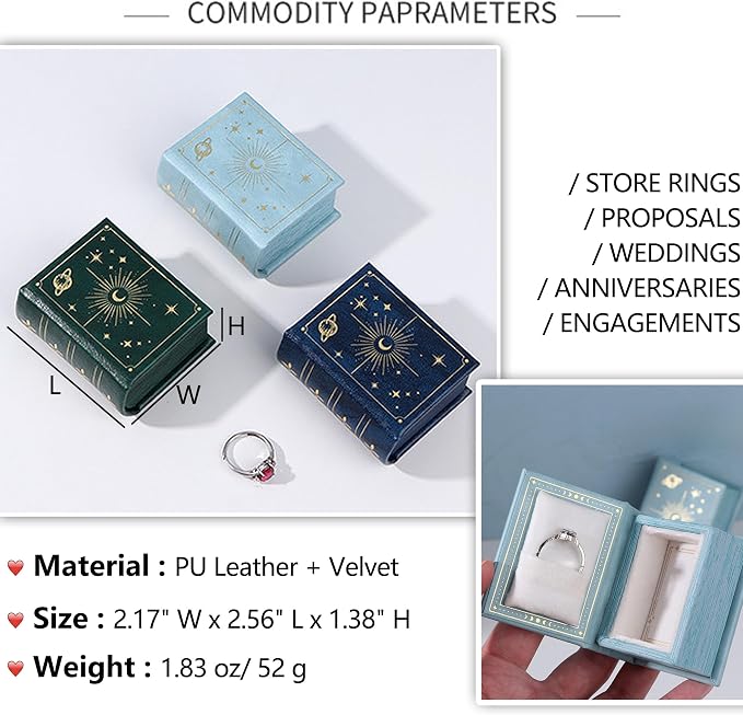 Vintage Magic Book-Shaped Ring Box Starry Sky Pattern PU Leather with Magnetic Closure for Proposal Engagement Gift (Blue)