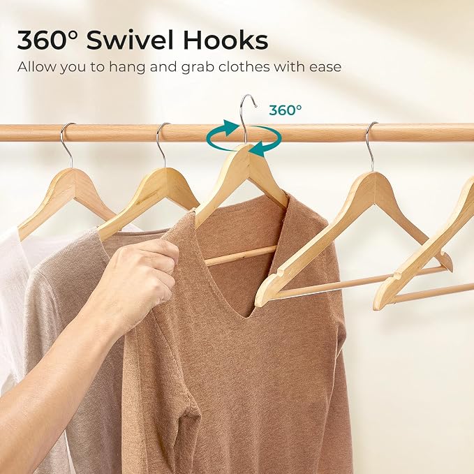 HOUSE DAY Premium Wooden Hangers 100 Pack, Heavy Duty & Durable Coat Hanger | Natural Wood Suit Hangers, 360° Swivel Hook & Pant Bar, Ideal for Jackets, Dresses, Shirts, Perfect for Closet Organization