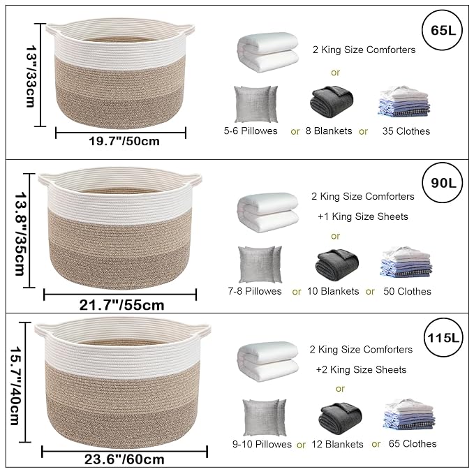 90L Extra Large Blanket Basket,Woven Rope Laundry Basket Hamper with Handles, Decorative Nursery Basket Storage Bin for Toys, Clothes Organizer, Living Room, Bedroom, Bathroom, Brown